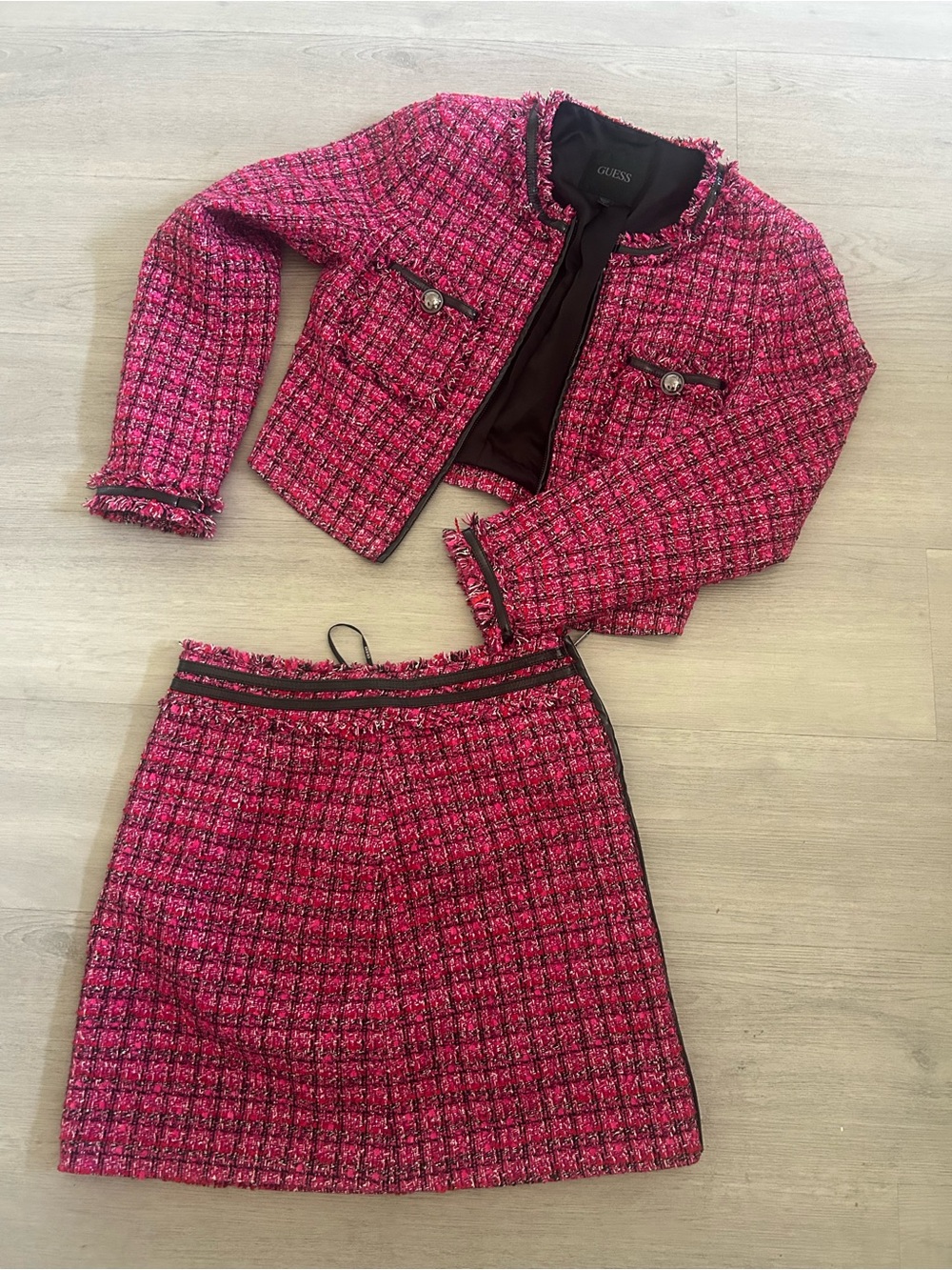 Guess Hot Pink Bouclé Jacket with Fringe Trim